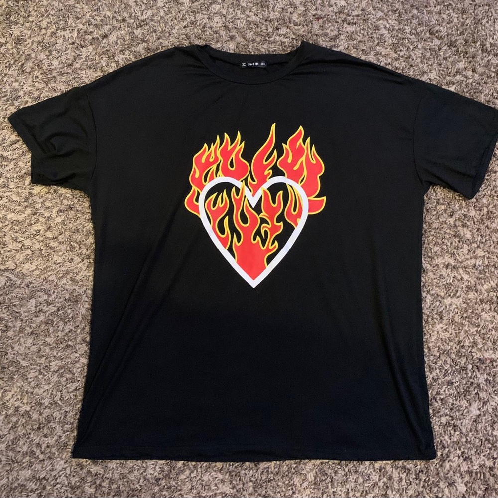 white heart with flames oversized black t-shirt